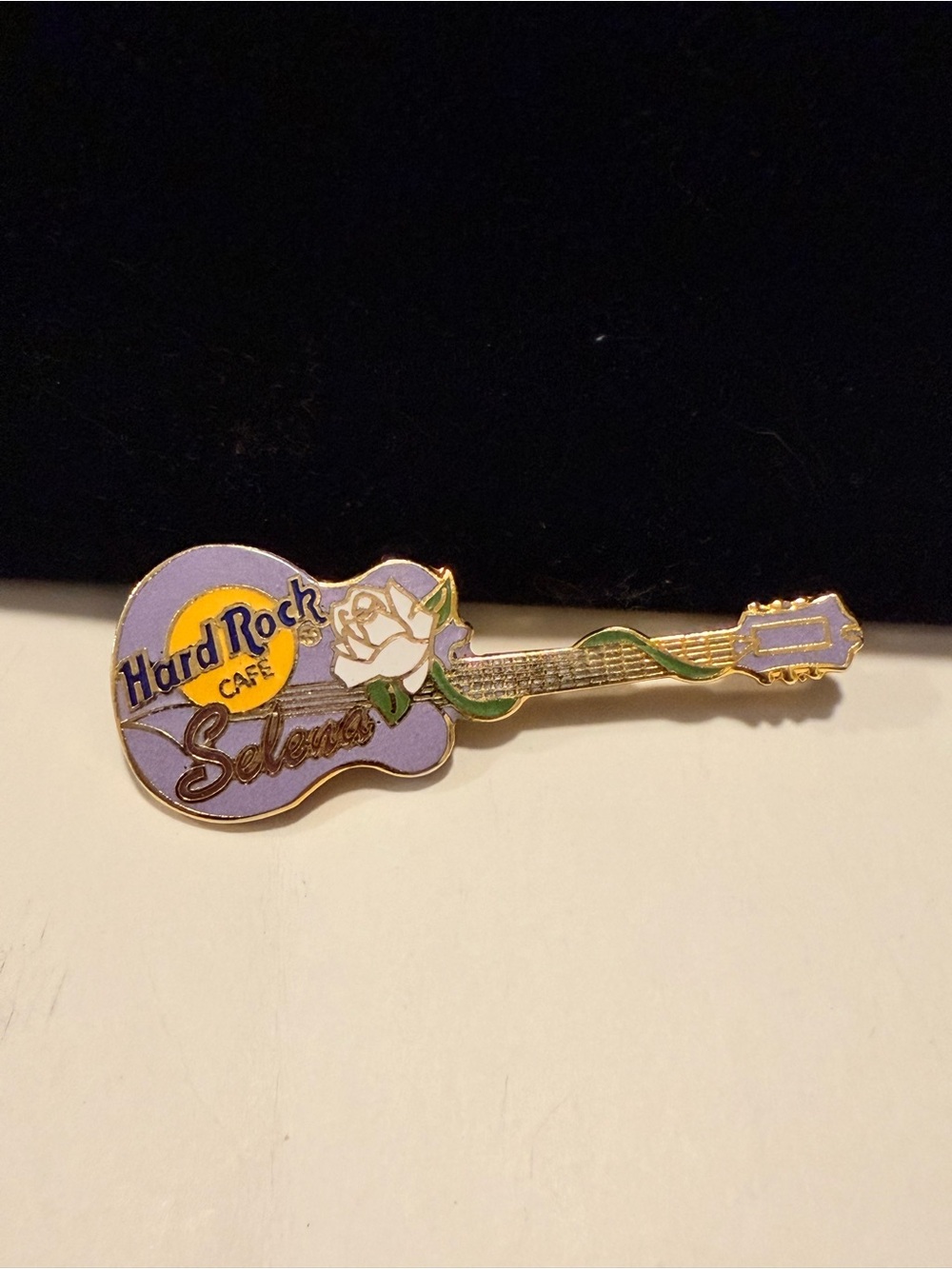 Hard Rock Cafe Lavender & Gold Selena Guitar Pin with White Rose